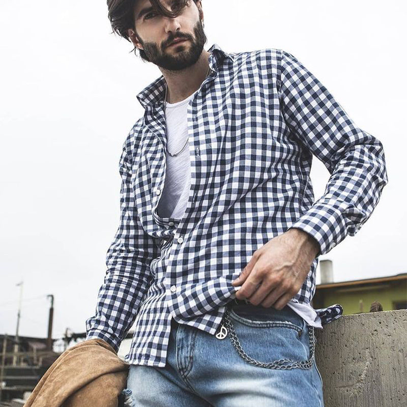 Men's Casual Loose Black and White Plaid Long-sleeved Shirt 9892392435896