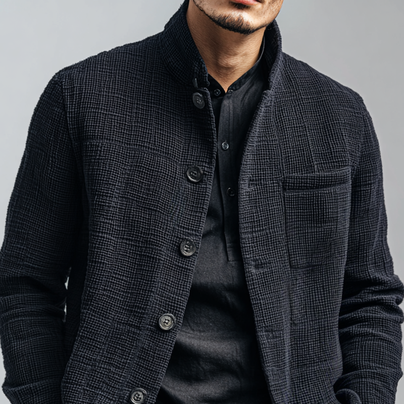Men's Solid Textured Stand Collar Single Breasted Casual Jacket DTT25082517