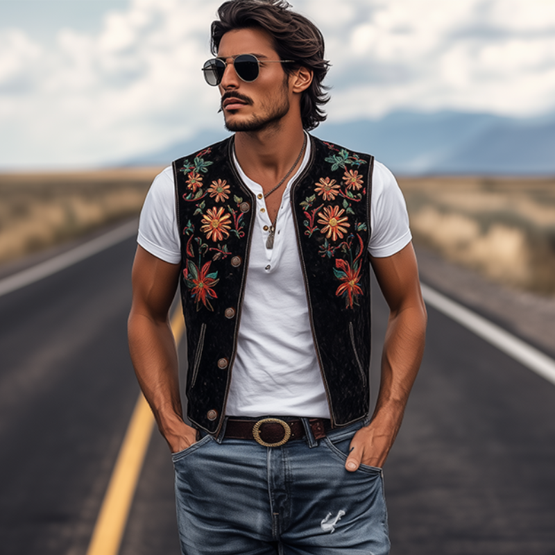 Men's Classic Retro Western Cowboy Style Embroidered Suede Vest 9909010432184