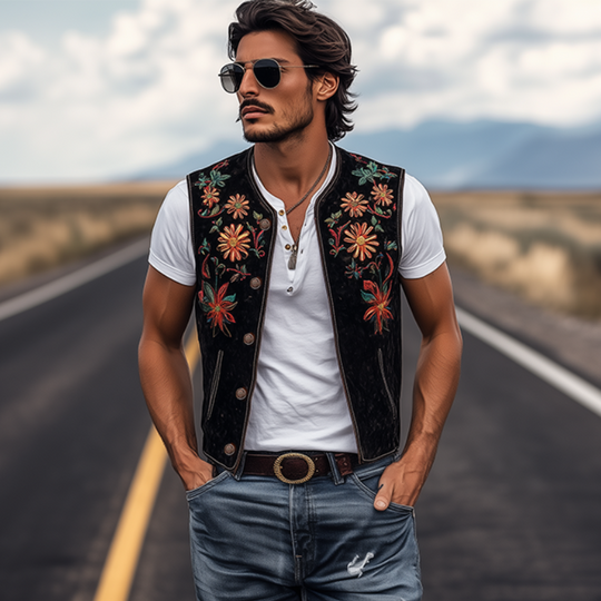 Men's Classic Retro Western Cowboy Style Embroidered Suede Vest 9909010432184