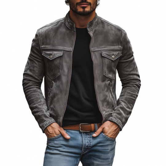 Men's Casual Outdoor Denim Washed Distressed Stand-up Collar Zipper Placket Slim Fit Short Jacket DTT25081814