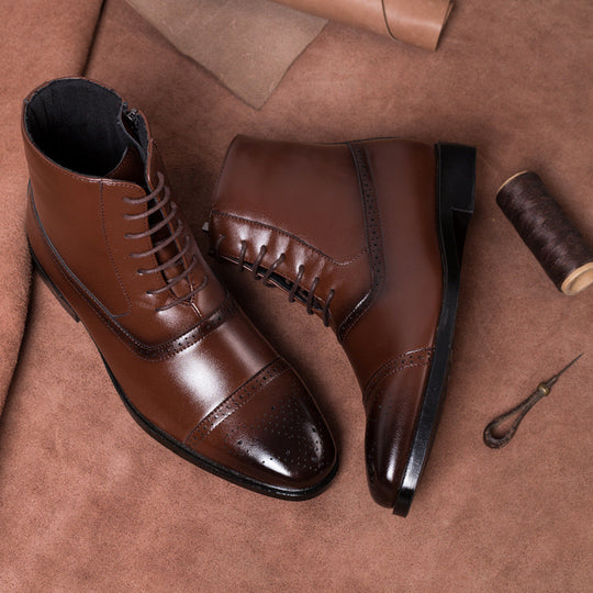 Men's Solid Lace Up Pointed Toe Side Zipper Leather Boots 9888555991224