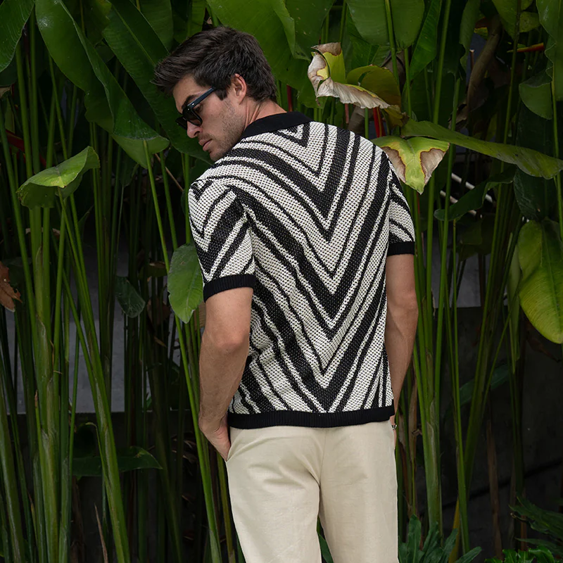 Men's Spring And Summer Fashion Retro Hollow Striped Knitted Short-sleeved Shirt DTT25070802
