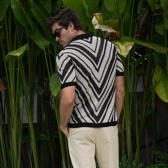 Men's Spring And Summer Fashion Retro Hollow Striped Knitted Short-sleeved Shirt DTT25070802