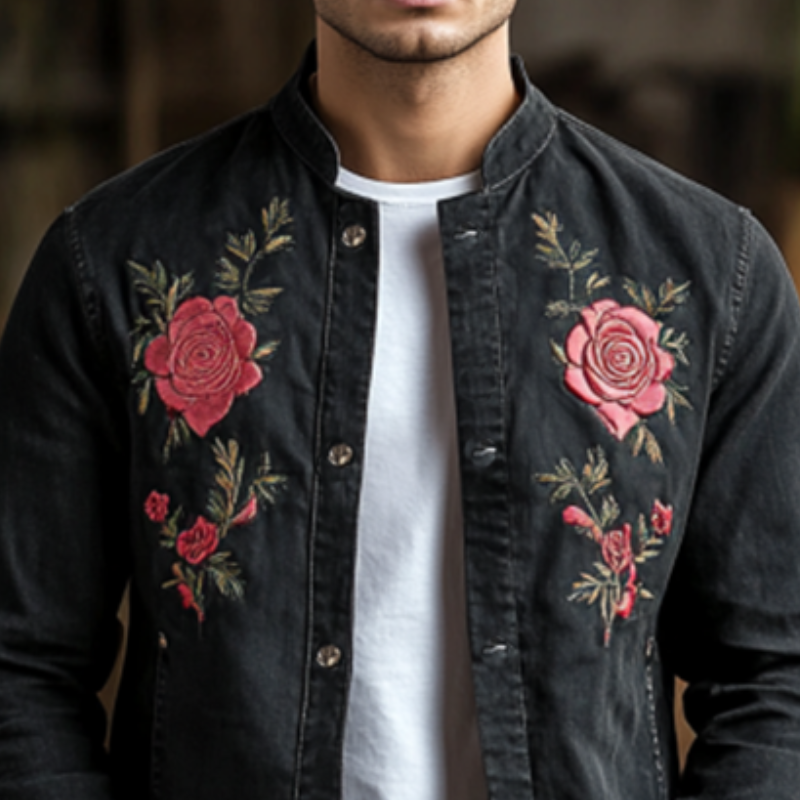 Men's Classic Casual Embroidered Denim Stand Collar Jacket 9892392108216