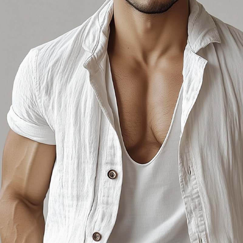 Men's Casual Basic Cotton Solid Color Short-sleeved Shirt DTT25070101