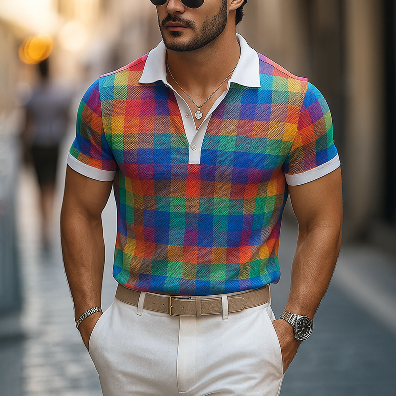 Men's Coloring Plaid Lapel Short Sleeve Polo Shirt DTT25070820