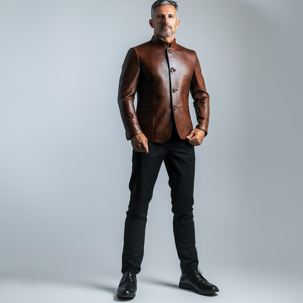 Men's Retro Stand Collar Single Breasted Long Sleeve PU Leather Jacket 9899605885112