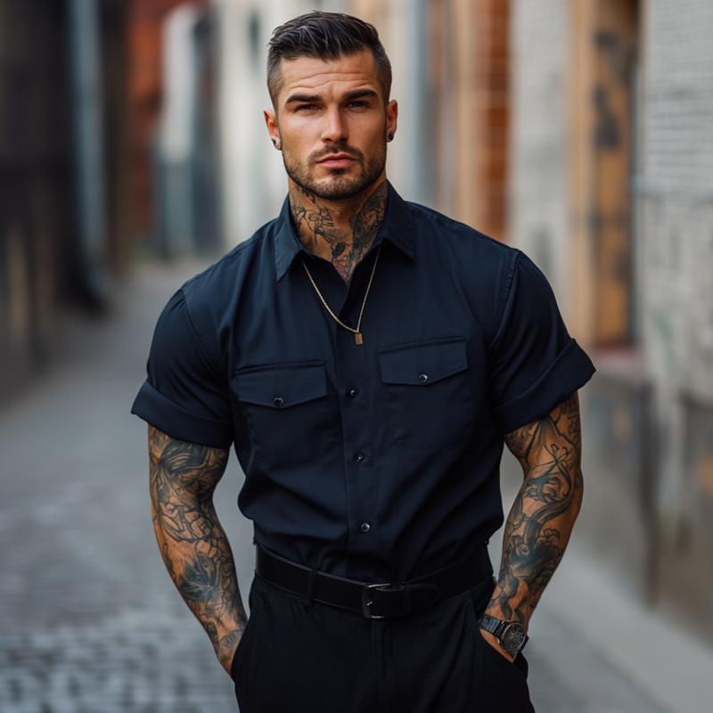 Men's Casual Breathable Cotton Lapel Chest Pocket Loose Short Sleeve Work Shirt DTT25060903
