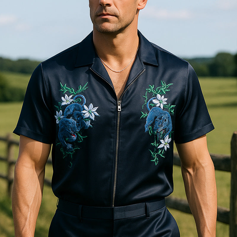 Men's Summer Fashion Satin Embroidery Short Sleeve Zipper Shirt DTT25060404