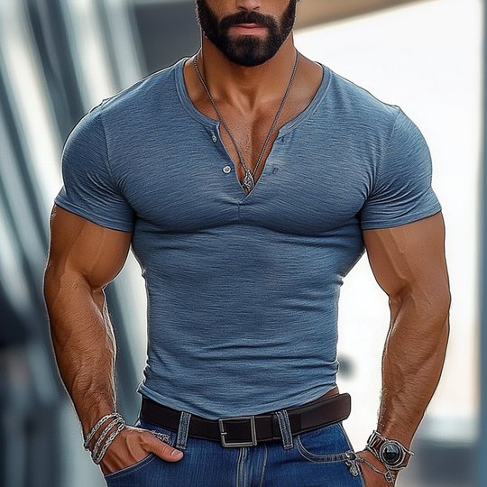 Men's Cotton Blend Henley Neck Short Sleeve T-Shirt DTT25072816