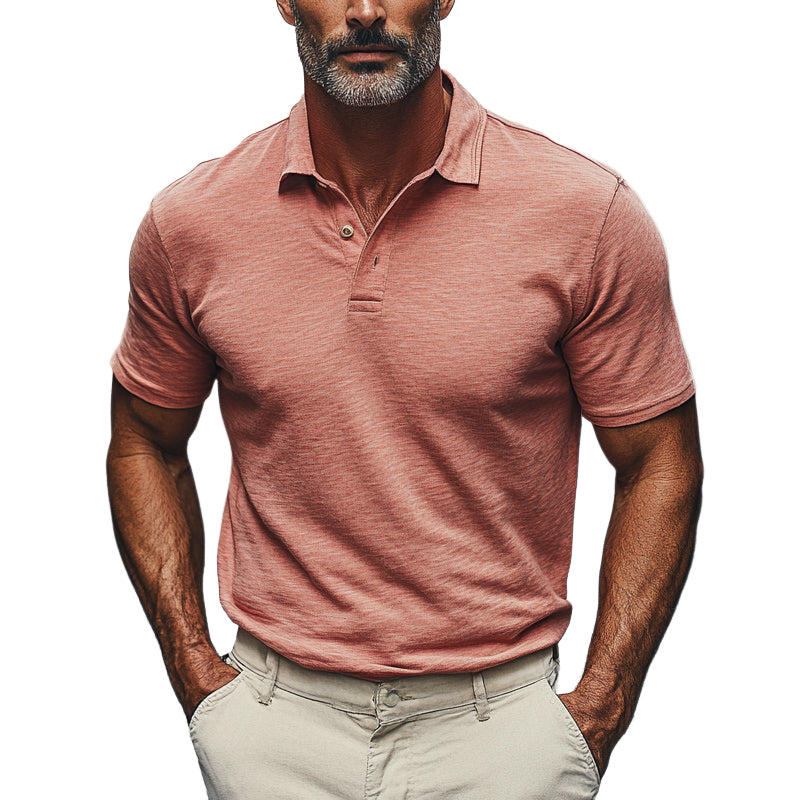 Men's Solid Color Cotton Blended Lapel Short Sleeve POLO Shirt DDT25052913