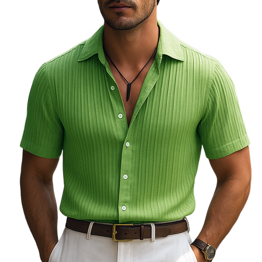 Men's Solid Striped Lapel Short Sleeve Shirt DTT25062501