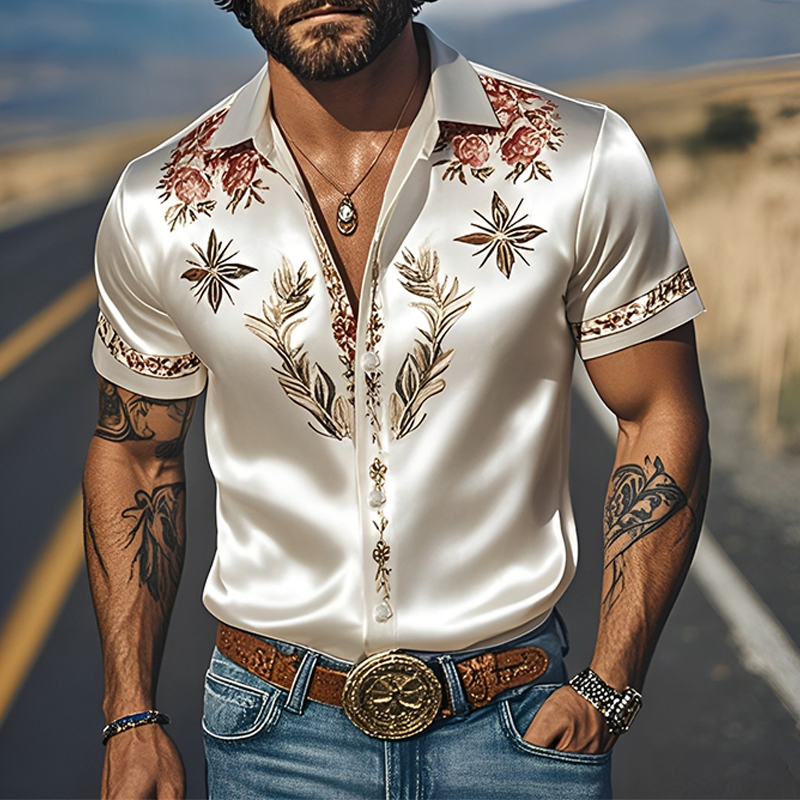 Men's Spring And Summer Fashion Casual Western Cowboy Style Satin Champagne Gold Print Short Sleeve Shirt DTT25060615