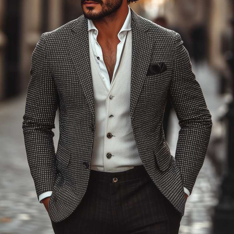 Men's Vintage Classic Houndstooth Notch Lapel Single-breasted Slim-fit Blzer DTT25081502