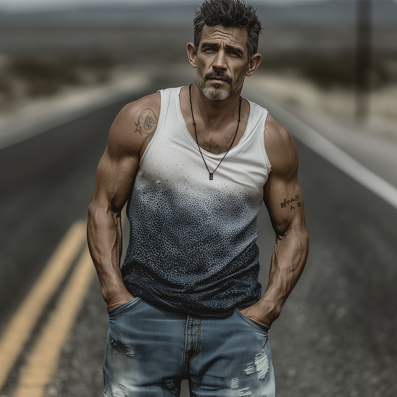 Men's Spring And Summer Fashion Casual Art Print U-neck Cuffs Raw Edge Cotton Blended Tank Top DTT25071618