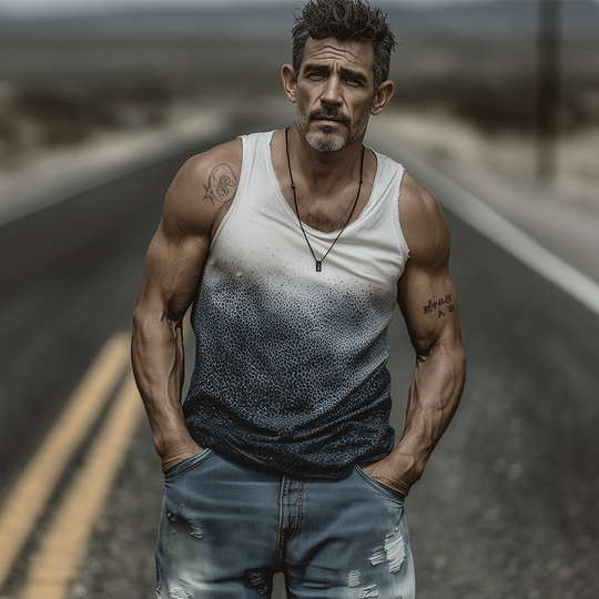 Men's Spring And Summer Fashion Casual Art Print U-neck Cuffs Raw Edge Cotton Blended Tank Top DTT25071618