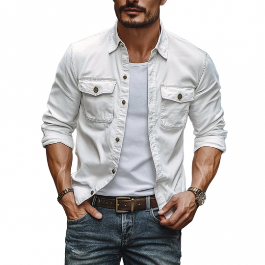 Men's Vintage Distressed Washed Cotton Lapel Chest Pocket Slim Fit Long Sleeve Shirt DTT25060414