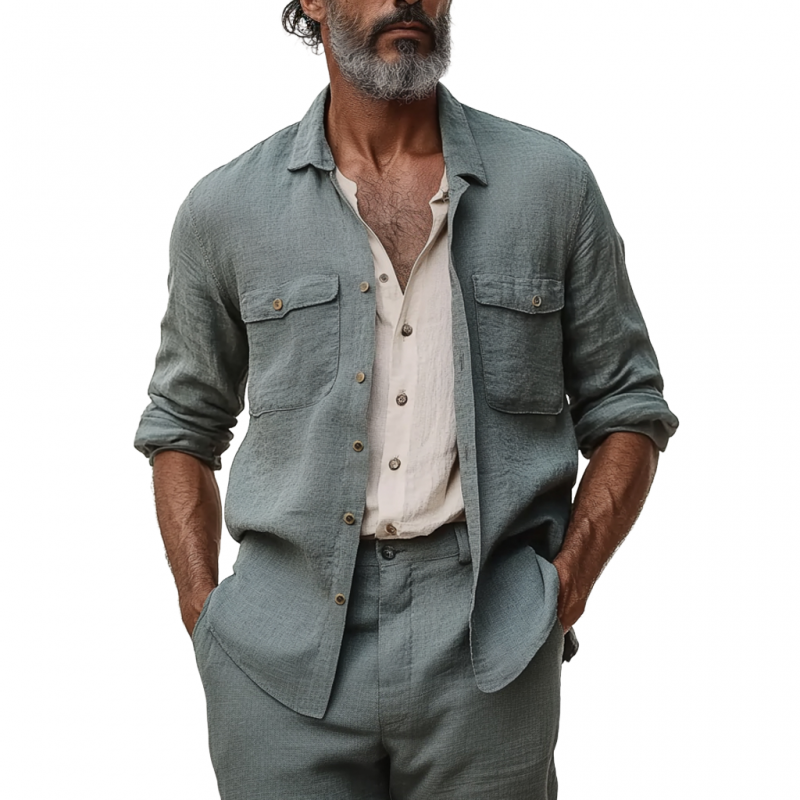 Men's Casual Breathable Linen Lapel Chest Pocket Loose Long Sleeve Shirt DDT25052905