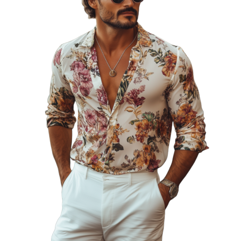 Men's Fashion Italian Sicilian Style Chiffon Printed Long Sleeve Shirt 9918991139000