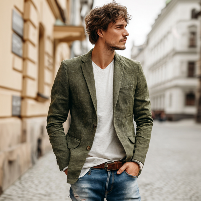Men's Casual Solid Color Breathable Linen Notch Lapel Single-breasted Slim-fit Blazer DTT25072102