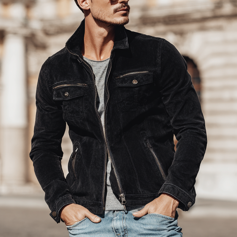 Men's Vintage Solid Suede Zipper Multi-Pocket Jacket DTT25080610