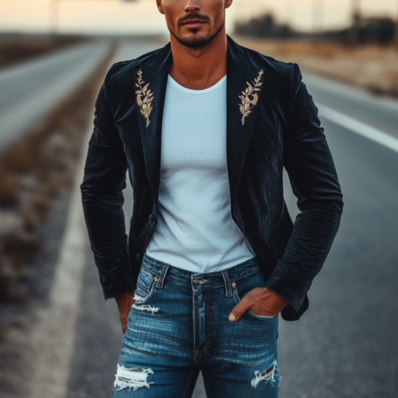Men's Fashion American Retro Slim Velvet Embroidered Blazer 9918991237304