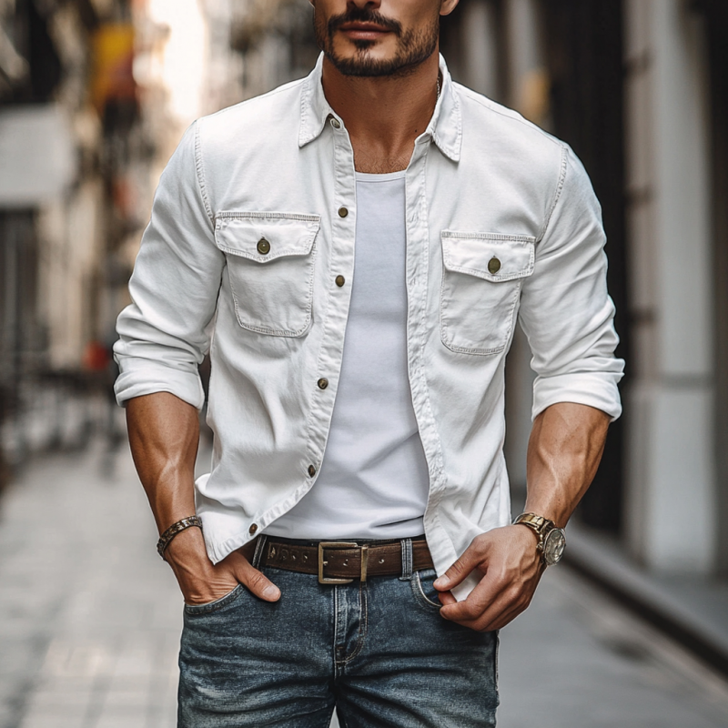 Men's Vintage Distressed Washed Cotton Lapel Chest Pocket Slim Fit Long Sleeve Shirt DTT25060414