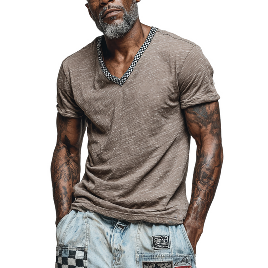 Men's Cotton Blend Plaid Print V-neck Short-sleeved T-shirt DTT25062312