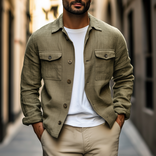 Men's Casual Solid Color Cotton Linen Blend Lapel Flap Chest Pocket Loose Shirt Jacket DTT25081308