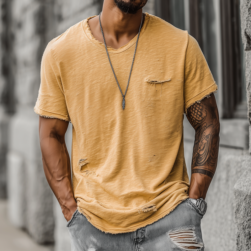 Men's Fashion Casual Bamboo Cotton Ripped Raw Edge Round Neck Short Sleeve T-shirt DTT25071819