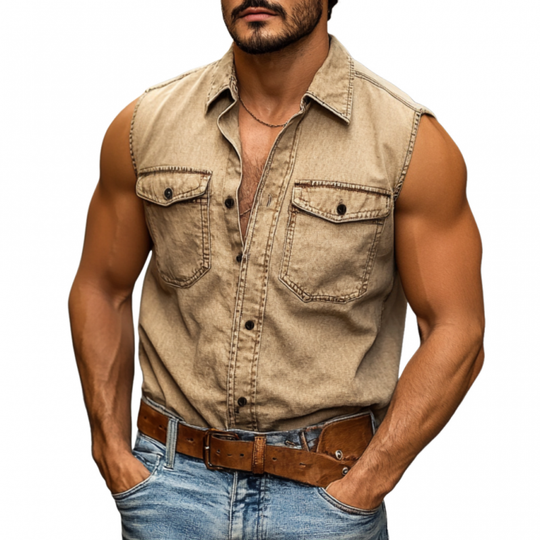 Men's Vintage Distressed Washed Cotton Lapel Chest Pocket Slim Fit Sleeveless Shirt DTT25060413