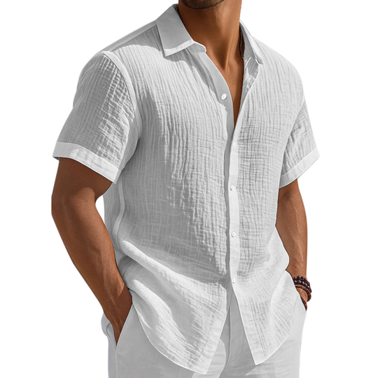 Men's Washed Cotton Solid Color Casual Short Sleeve Shirt DTT25080104