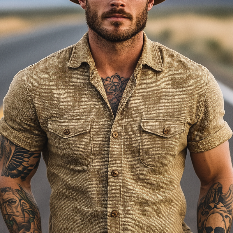 Men's Classic Retro Casual American Western Tough Guy Style Waffle Short Sleeve Shirt DDT25052819