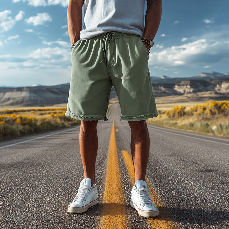 Men's Classic Casual Cotton Blend Washed Trousers With Raw Edges And Elastic Waist Shorts DTT25072812
