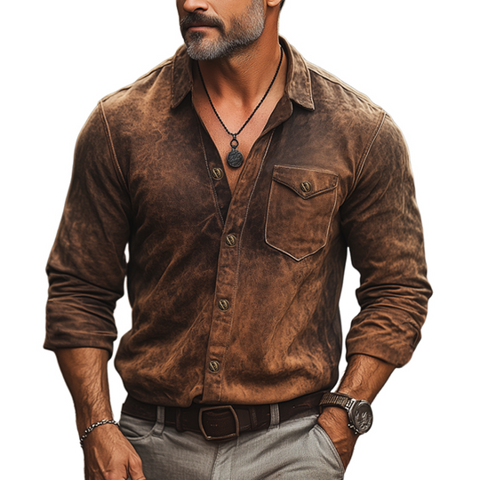 Men's Spring And Autumn Retro Distressed PU Leather Long Sleeve Shirt DTT25082035