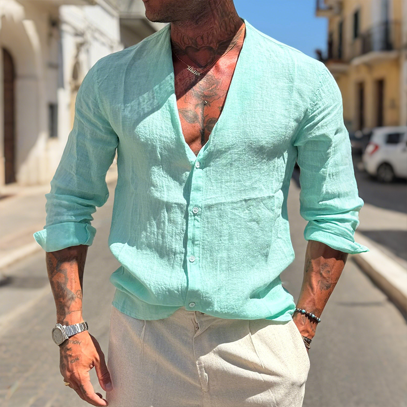 Men's Retro Casual Solid Color Linen Collarless Long Sleeve Shirt DTT25072818