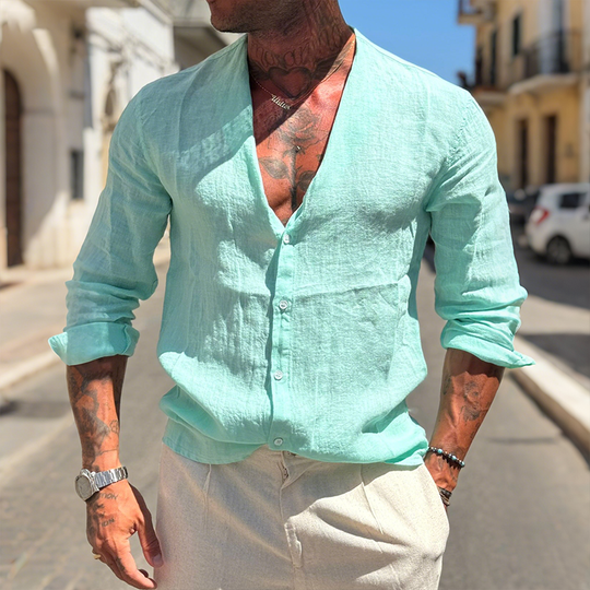 Men's Retro Casual Solid Color Linen Collarless Long Sleeve Shirt DTT25072818