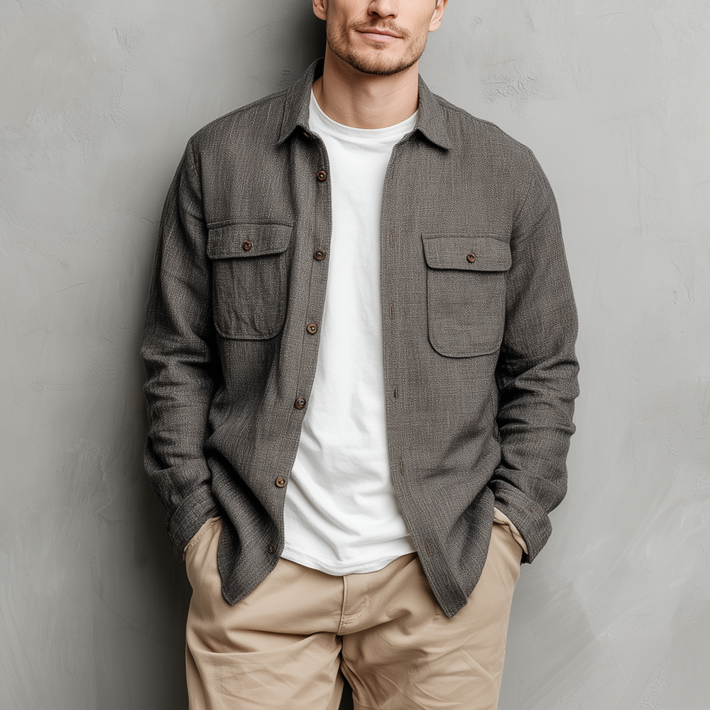 Men's Classic Casual Cotton And Linen Blended Color Textured Pocket Long Sleeve Shirt DTT25080113