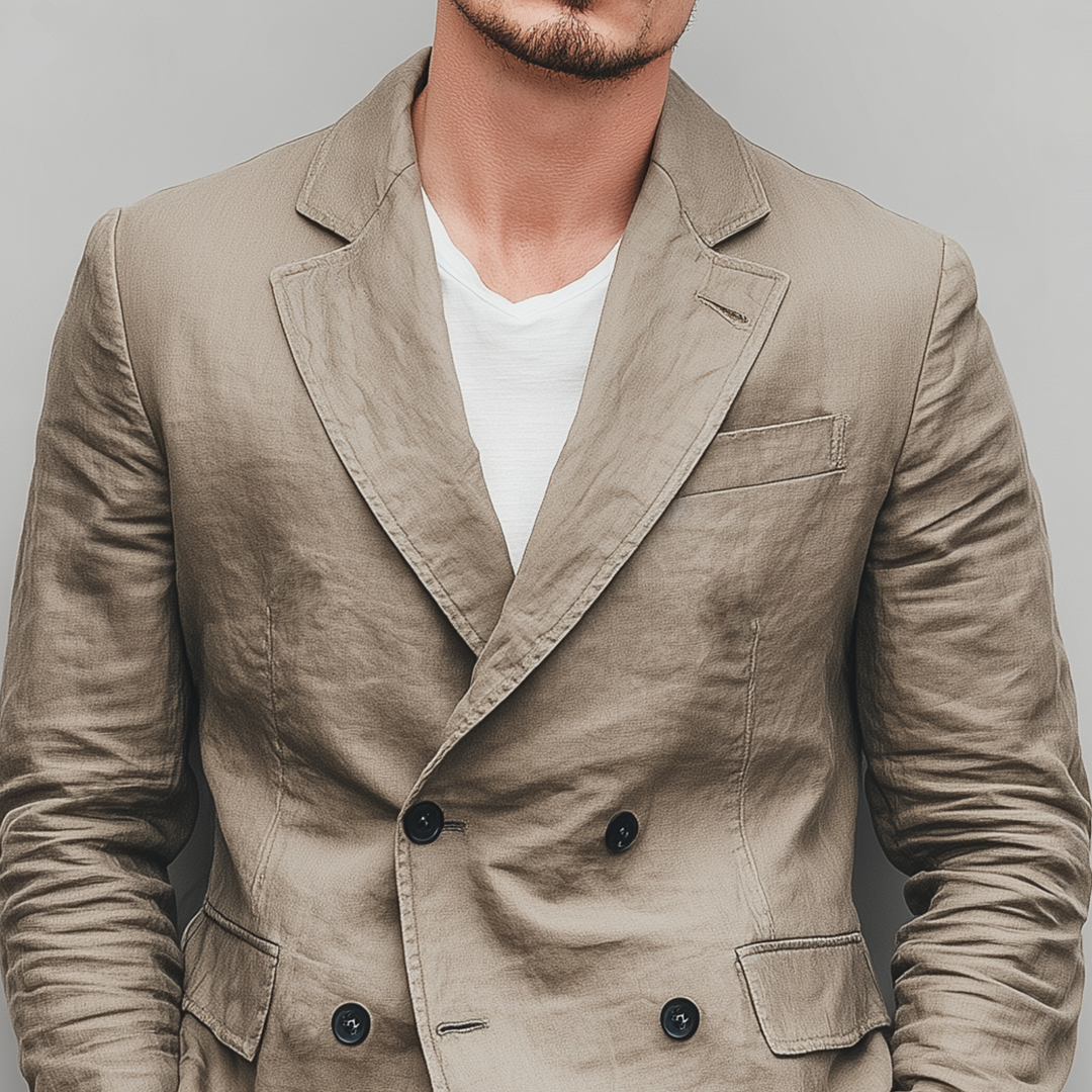 Men's Classic Casual Cotton And Linen Blend Solid Color Double Breasted Blazer DTT25073013