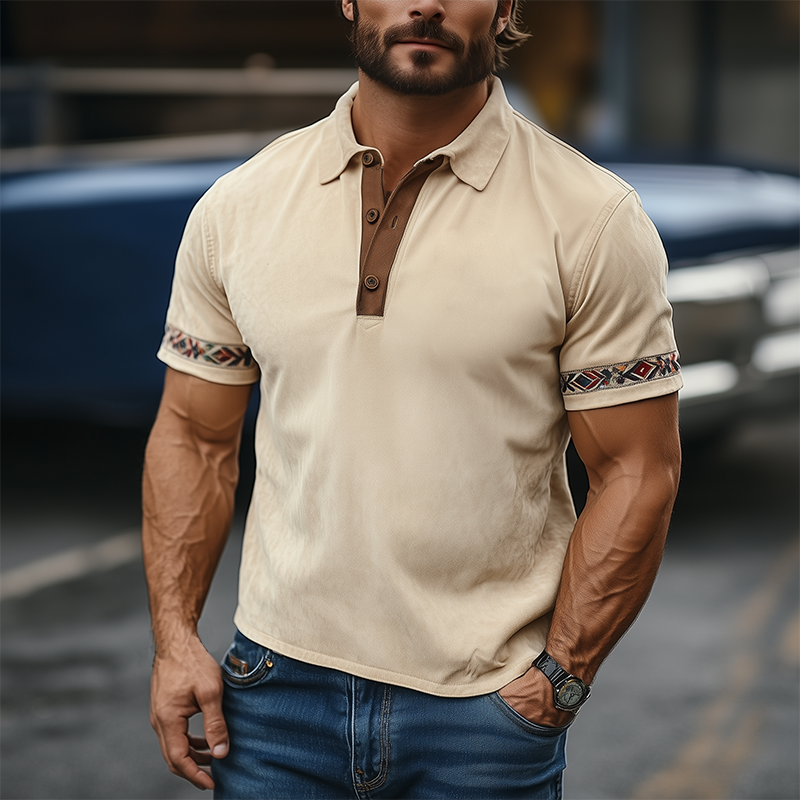 Men's Fashion Casual American Retro Western Tough Style Thin Suede Cuff Embroidery Slim Short-sleeved Polo Shirt DTT25061323