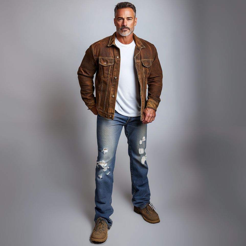 Men's Casual Single Breasted Long Sleeve Distressed Denim Jacket 9899607785656