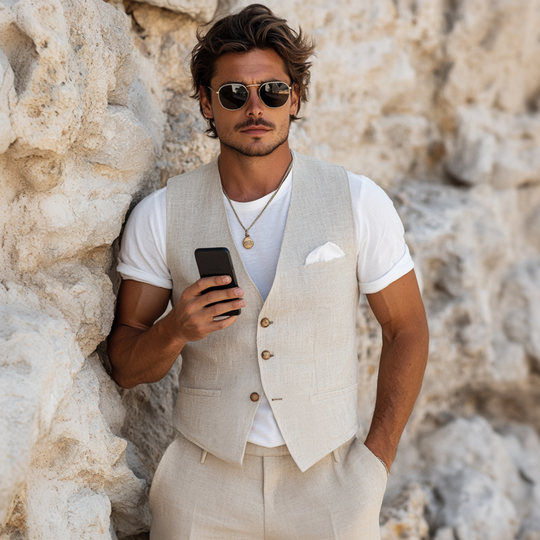 Men's Casual Breathable Linen V-neck Single-breasted Slim-fit Suit Vest DTT25072810