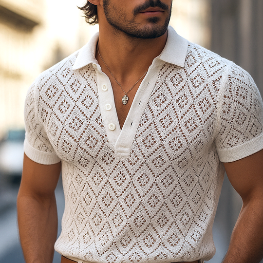 Men's Solid Plaid Knit Lapel Short Sleeve Polo Shirt DTT25062417