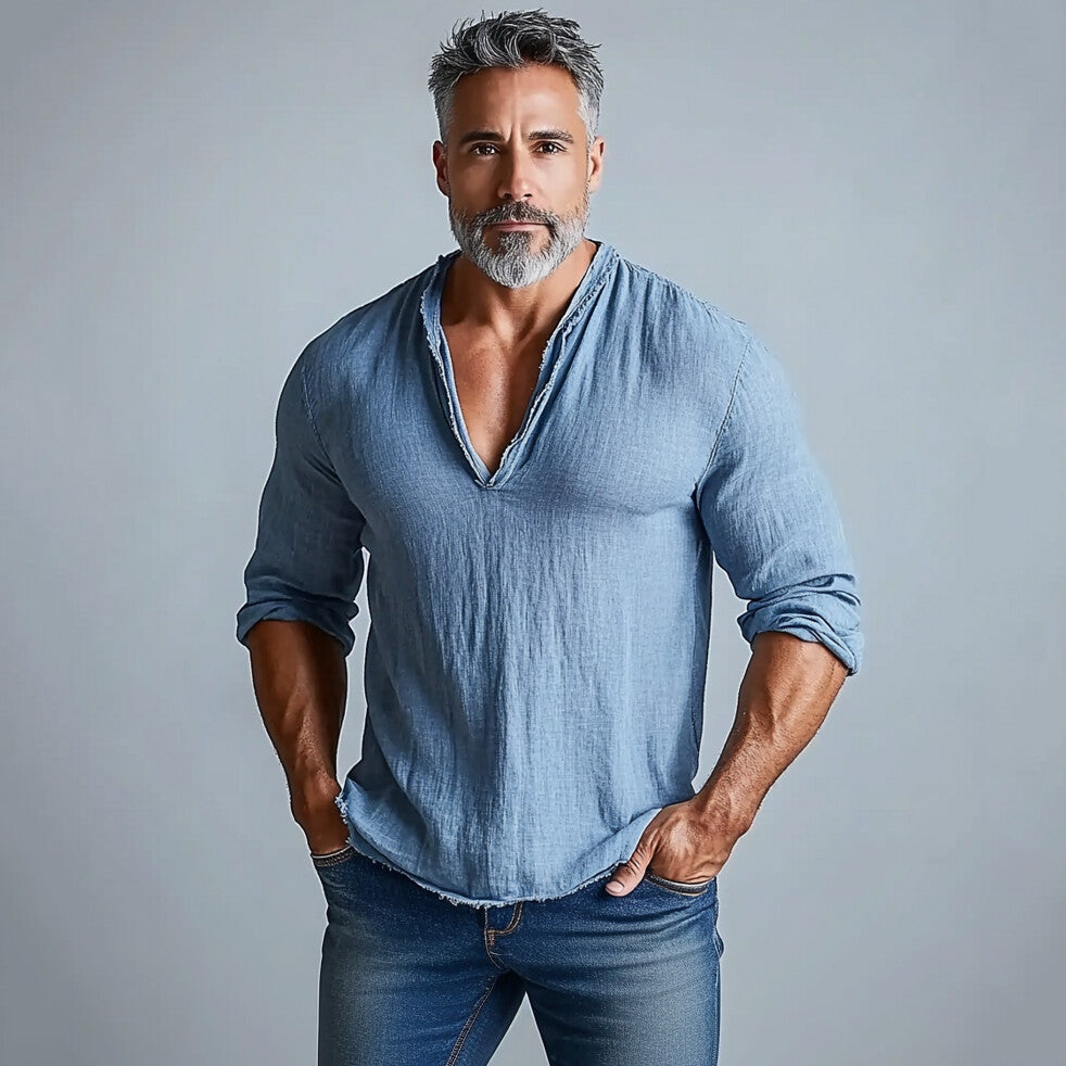 Men's Raw Edge Solid V Neck Long Sleeve Shirt 9903587295416