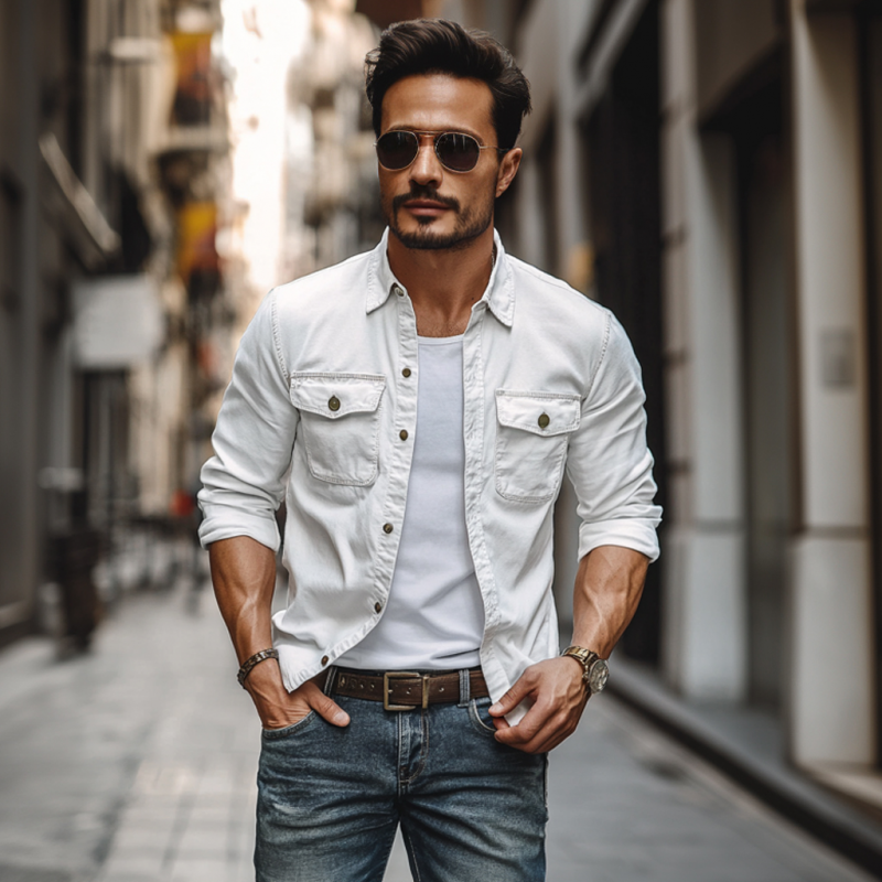 Men's Vintage Distressed Washed Cotton Lapel Chest Pocket Slim Fit Long Sleeve Shirt DTT25060414