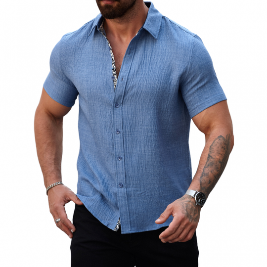 Men's Casual Cotton Linen Pleated Colorblock Lapel Slim Fit Short Sleeve Shirt DTT25060312