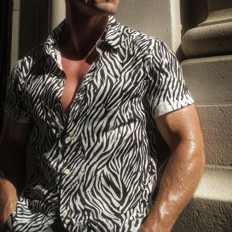 Men's Leopard Print Lapel Short Sleeve Shirt DTT25071402