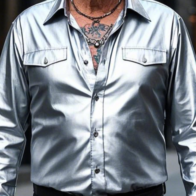 Men's Casual Fashion Lapel Silver Long Sleeve Leather Shirt 9903250964664