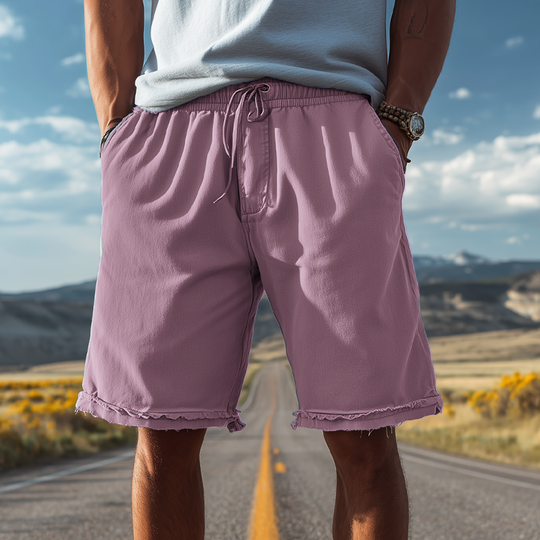 Men's Classic Casual Cotton Blend Washed Trousers With Raw Edges And Elastic Waist Shorts DTT25072812